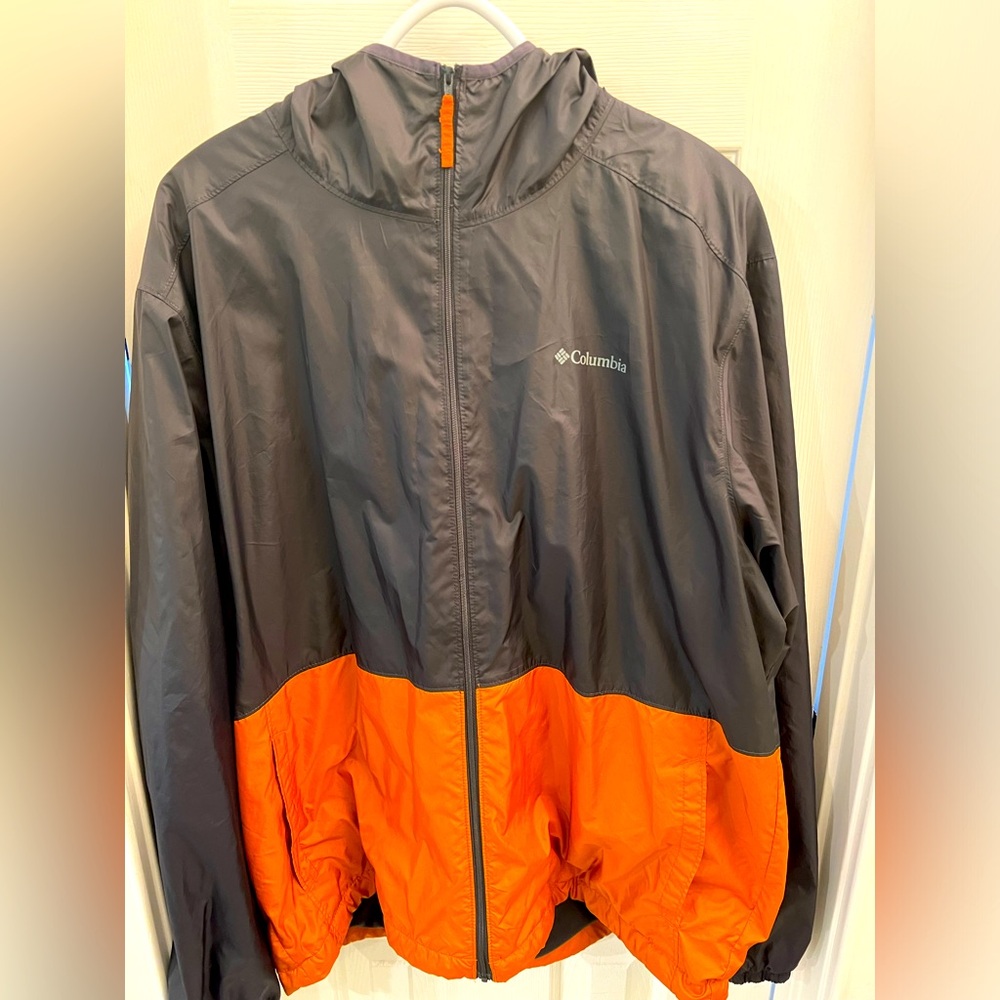 Columbia Mens Windbreaker Jacket Zip Up Hooded Long Sleeves Black Orange Large